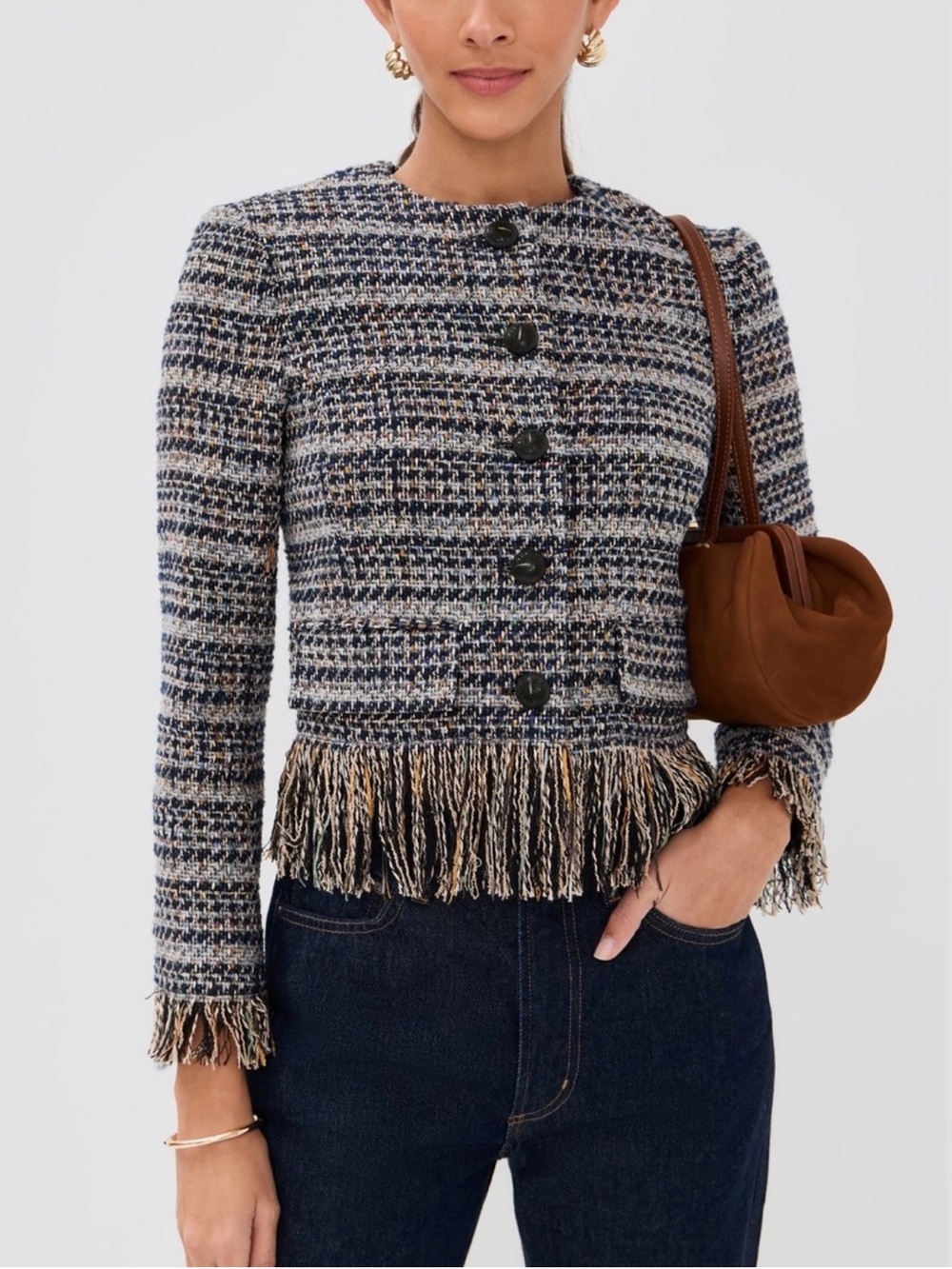 Veronica Beard Lyons Jacket Tweed Fringe Navy Multi Size 6